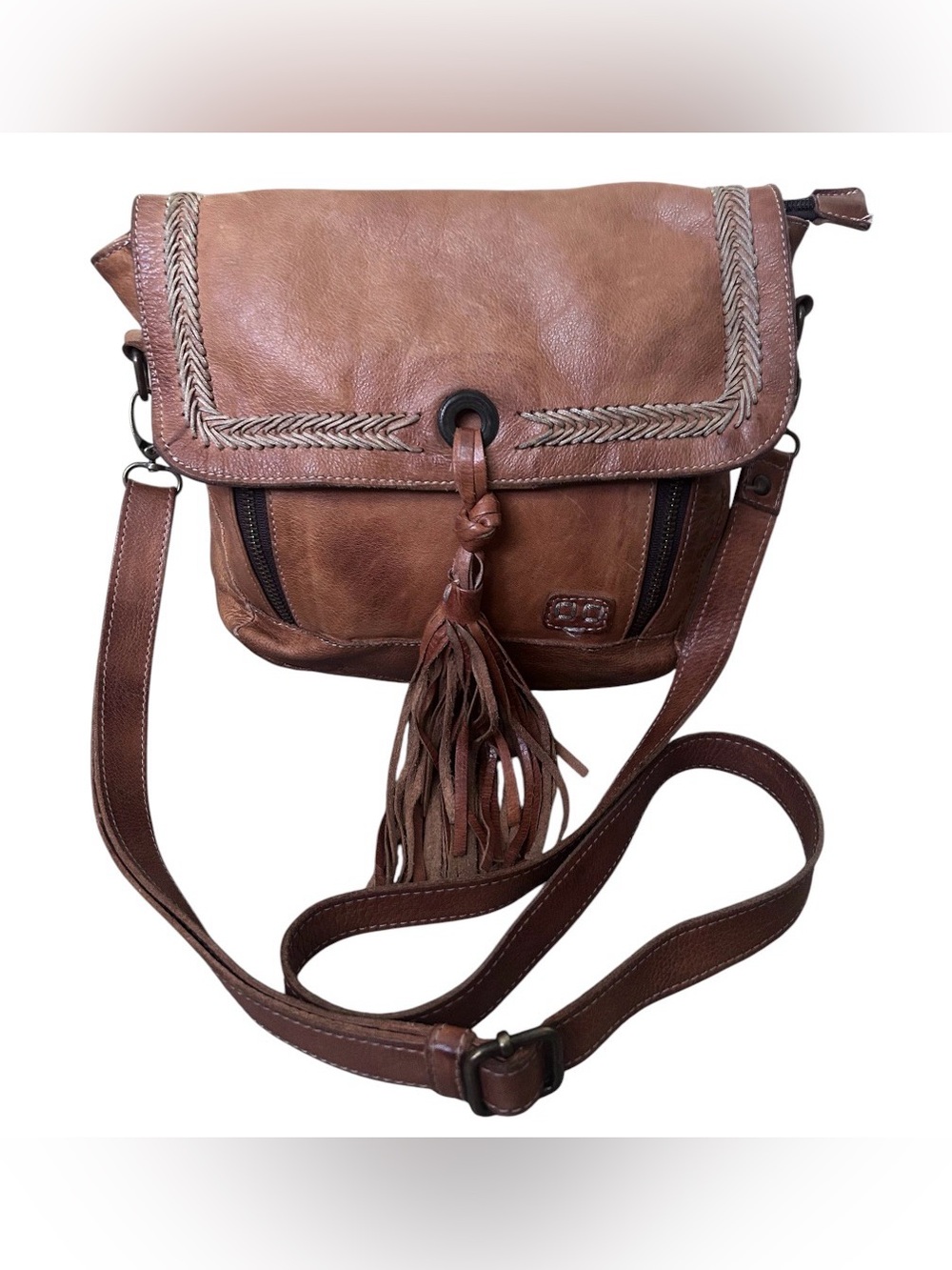 Bed Stu Distressed Leather Whoopi Tan DD Crossbody Bag Fringe Tassel